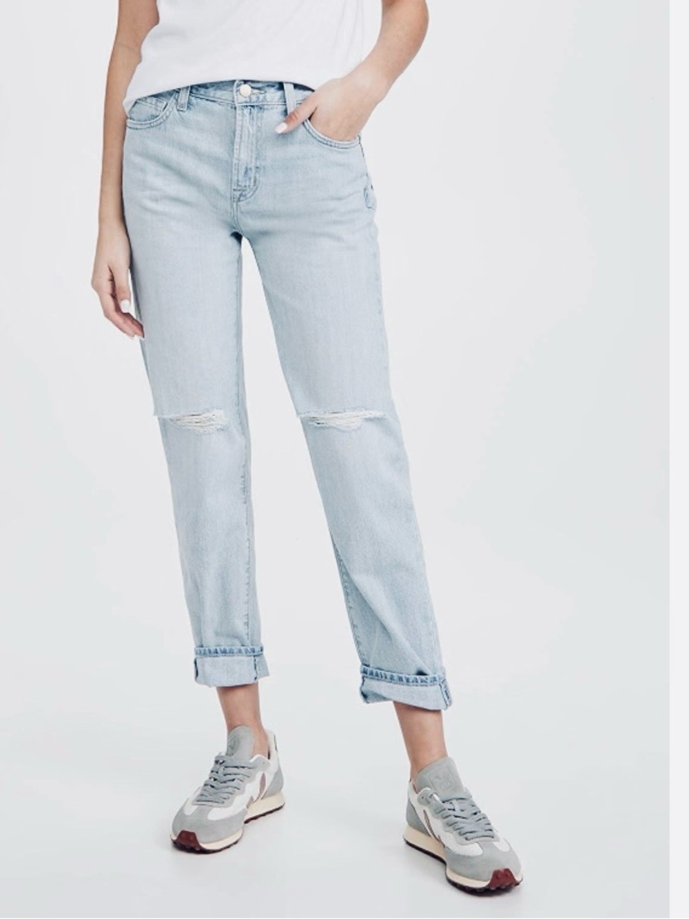 J Brand Statis Destruct Tate Boy Fit Lt Blue Straight Jeans w Knee Rips size 27